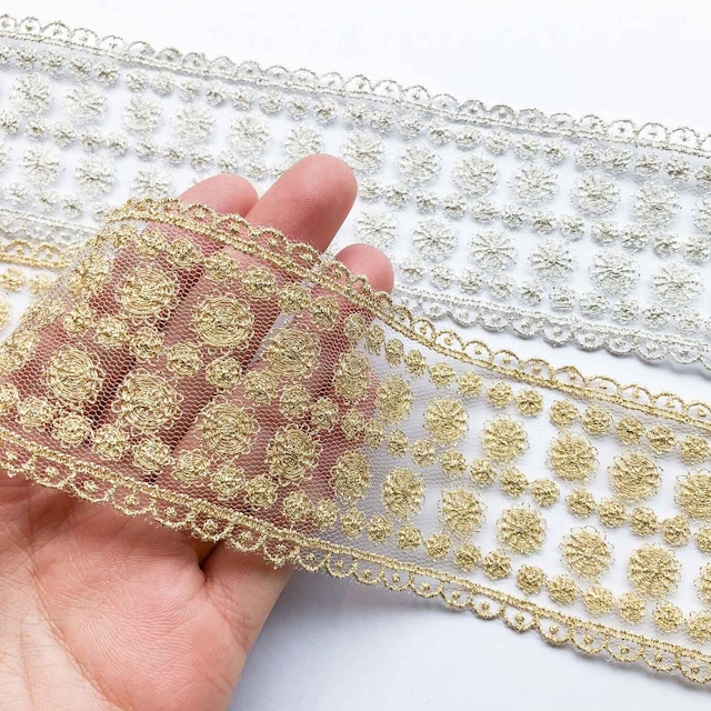 メッシュミニ丸花刺繍のレース（1mカット）