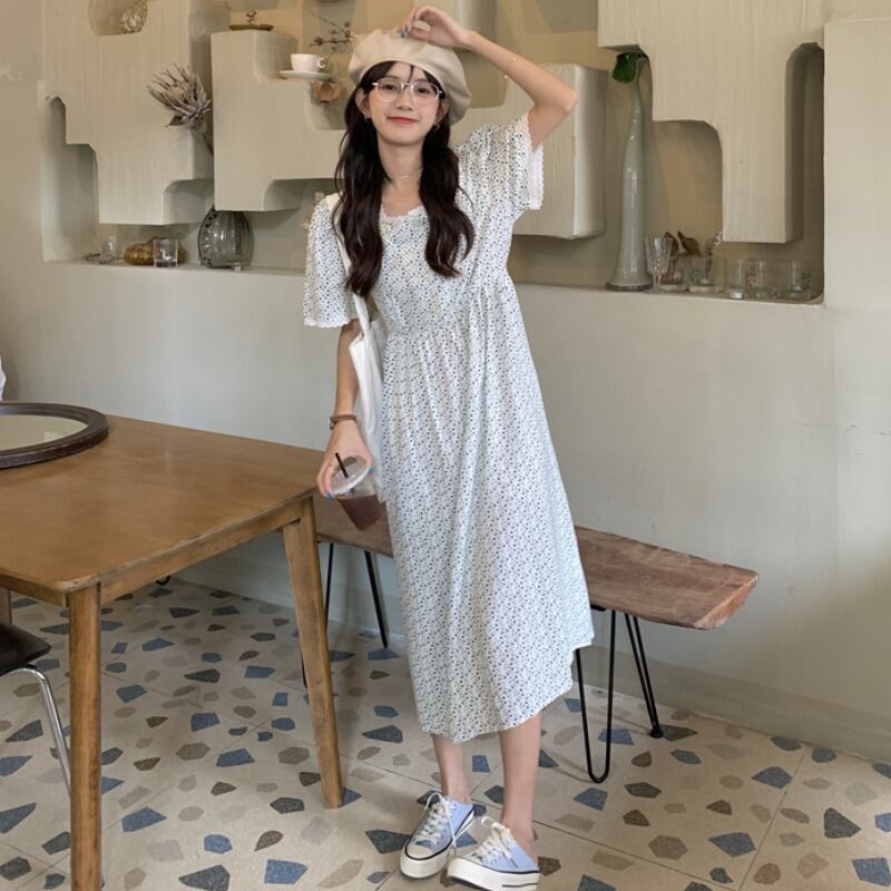 カラーフローラルウェストAラインドレス レディース 大人ガーリー スウィート キュート カジュアル 花柄 スクウェア ハンチェンe82257209317