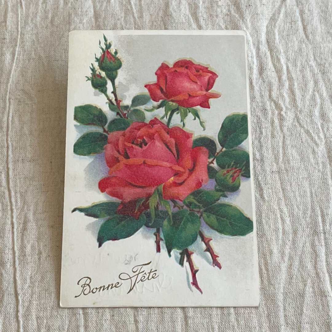 アンティークポストカード｜フランス直輸入 赤い薔薇 “Bonne Fête