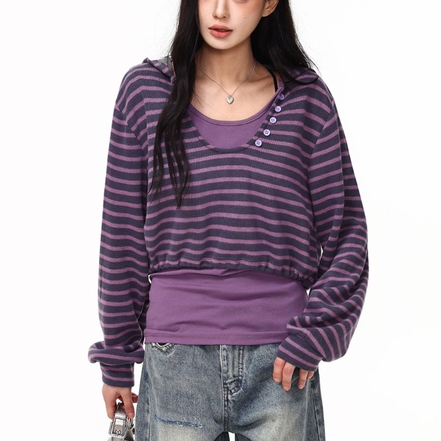 layered-look long tee with a hood　レイヤードフード付きロンティー　J2151
