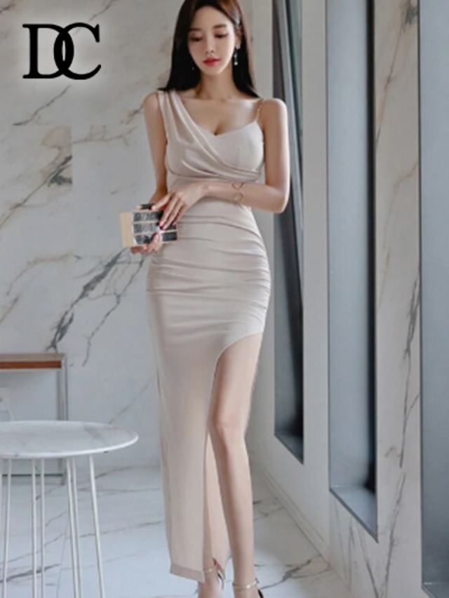 《プチプラ》ロング丈スリットシンプルドレス/キャバドレス