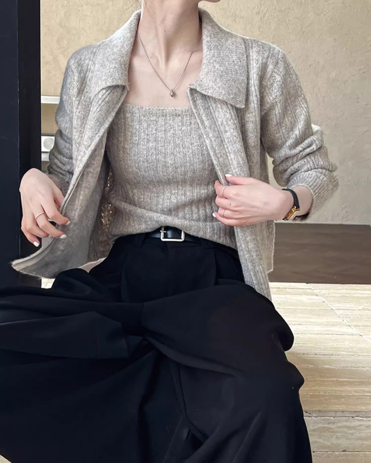 Double zip cardigan & knit Camisole　T20347