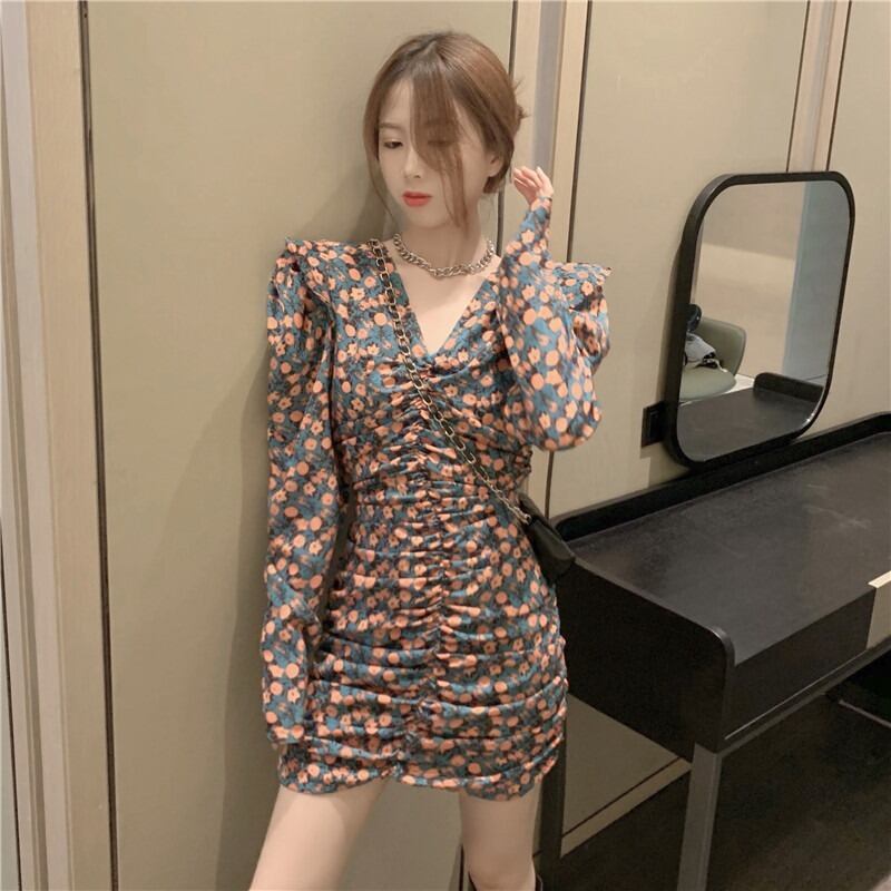 フローラルAラインショートスカート ロング レトロ スプリング 春物 花柄 Vネック YY-ファッション5708633881