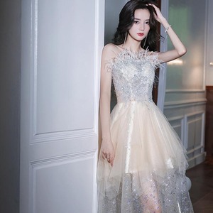 ロングドレス キャバドレス パーティードレス 上品 ストラップレス オフショルダー フェミニン チュール ビジュー付き キラキラ シアー ファー装飾 パーティー JC2-XYYB-841