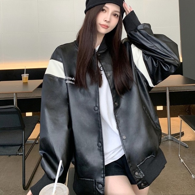 【韓国通販 dgo】ストリート PUレザージャケット ブラック(W3961）落ち着きレザージャケットコーデ