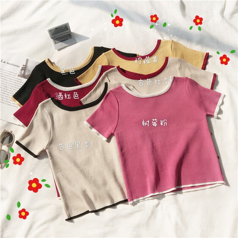 ネットレッドレディースサマーVネックニット半袖Tシャツレディースルーズハーフスリーブトップボトミングシャツ2020新入生トレンド YY-ファッション96295834693