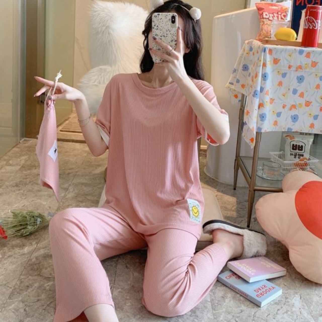 パジャマ レディース ルームウェア ゆったり 女の子 夏 半袖 上下セット ワンサイズ コットン 綿 無地 薄着 部屋着 寝間着 ラウンドネック 丸首 おしゃれ かわいい お泊り leaflower 001 リーフラワー レディースファッション専門店