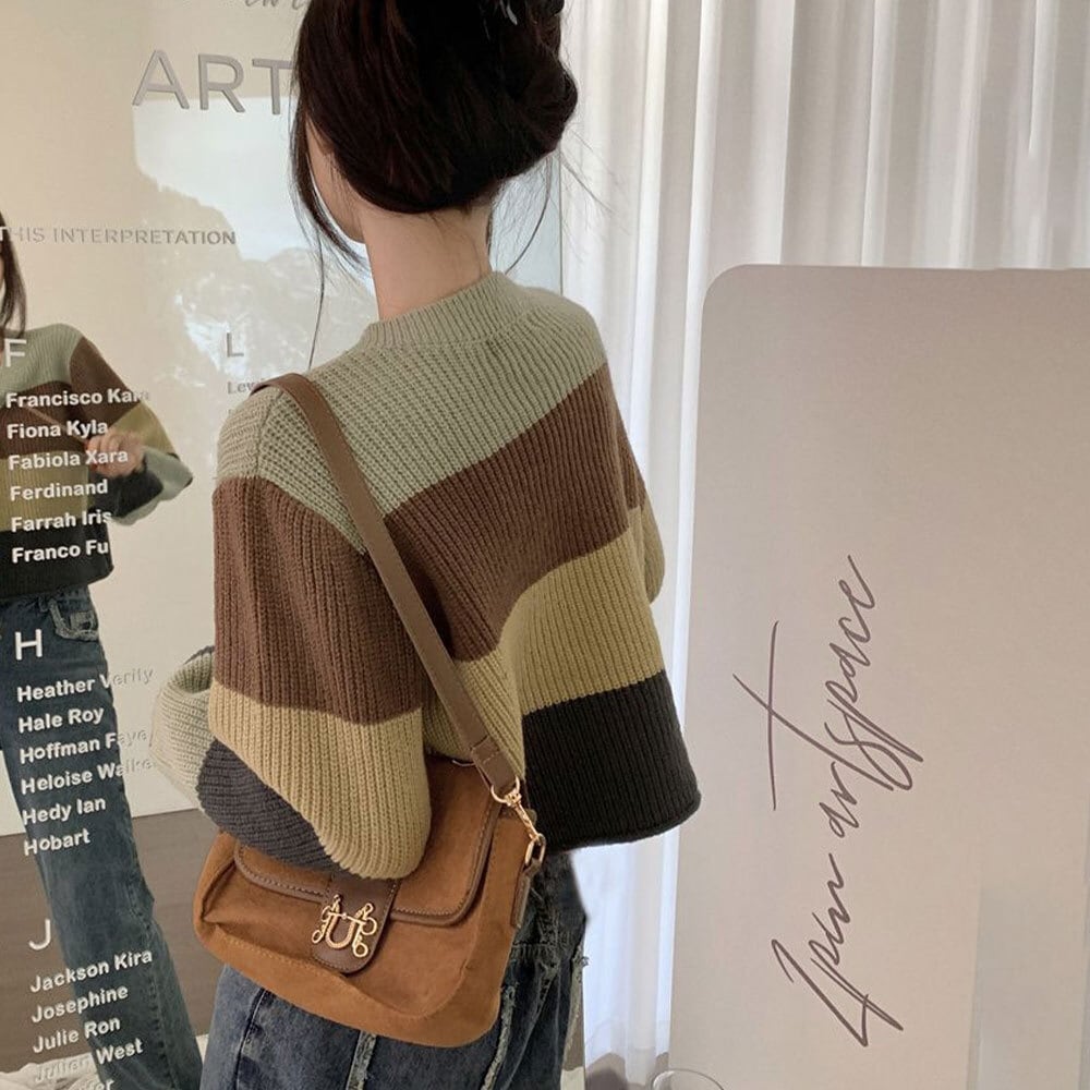 【送料無料】 ニット セーター ボーダー ショート丈 長袖 レディース 春秋冬 韓国 大人 カジュアル おしゃれ マルチボーダー ゆったり 体型カバー レースアップ トップス 大人可愛い 大人女子