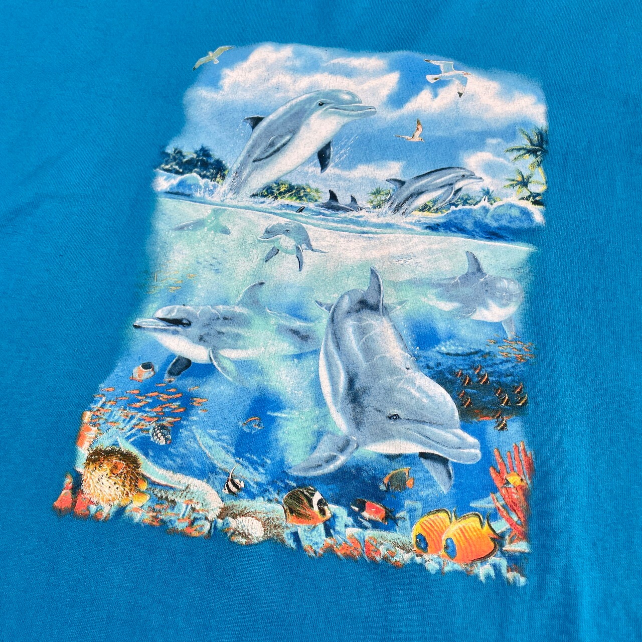 イルカ ドルフィン アート プリント Tシャツ メンズXL 古着 水色 