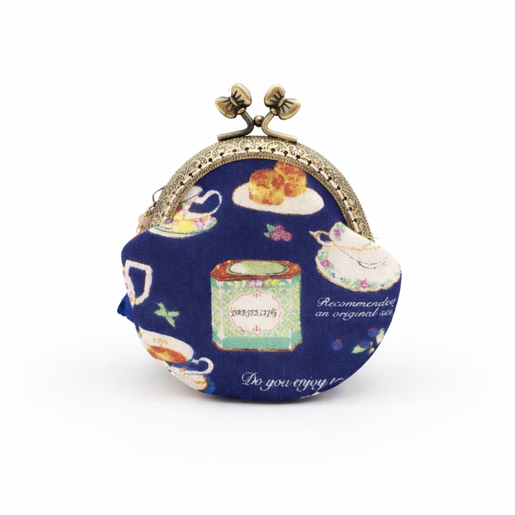 【ハンドメイド】がま口ポーチ・コインケース｜アフタヌーンティー ネイビー（口金8.5センチ）