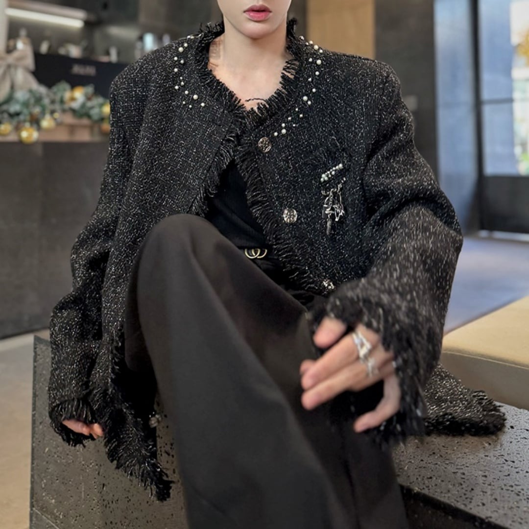 パール装飾 ローエッジツイード風ジャケット D11433 | 韓国メンズ