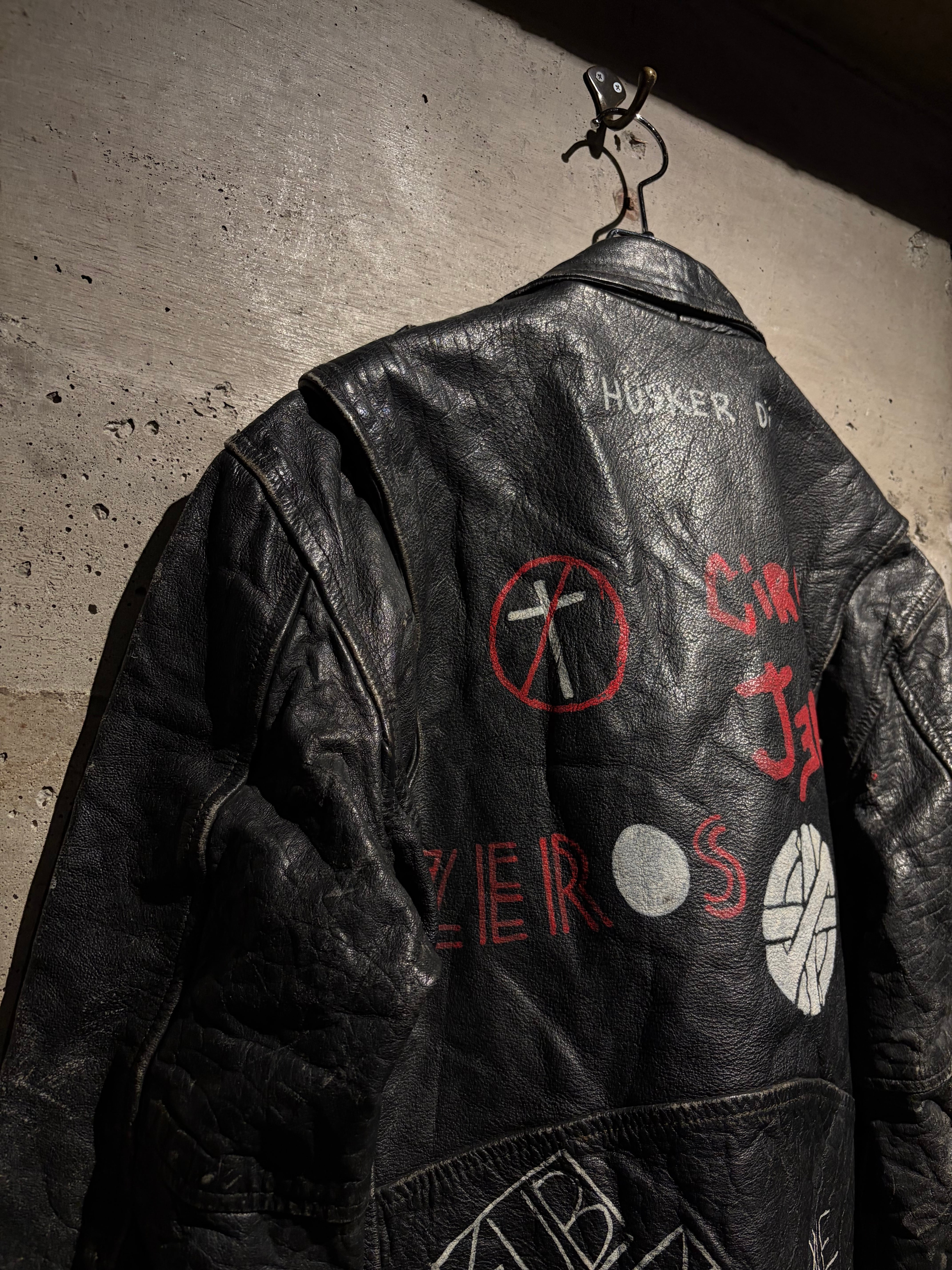 Caka】80's Studs × Band Paint Custom Double Riders Leather Jacket
