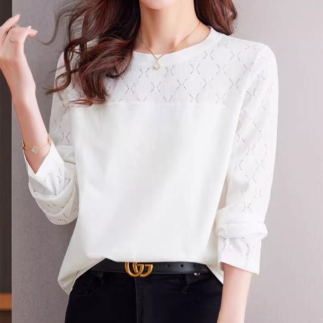 レース切替 長袖 クルーネック カットソー K1086