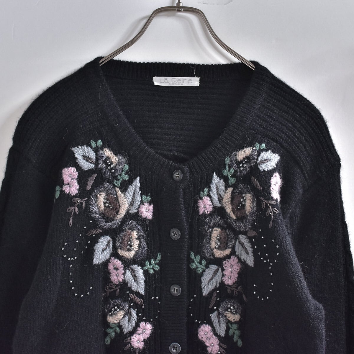 80~90s La Reine ビジュー&フラワー刺繍 デザイン ウール ニット カーディガン ジャパンヴィンテージ ビンテージ レディース Mサイズ