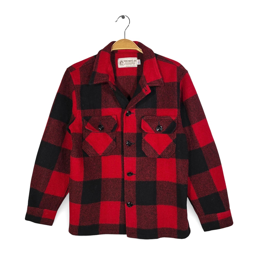 90s べミジ バッファローチェック USA製 CPOジャケット ウールジャケット BEMIJI 赤黒 サイズS 古着 DZ0785