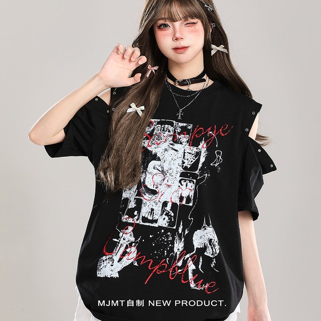 サブカル 服 地雷系 通販 Tシャツ オープンショルダー プリント柄 Y2K