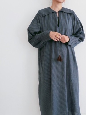 BUNON / khadi linen cotton stripe embroidery tuck drss
