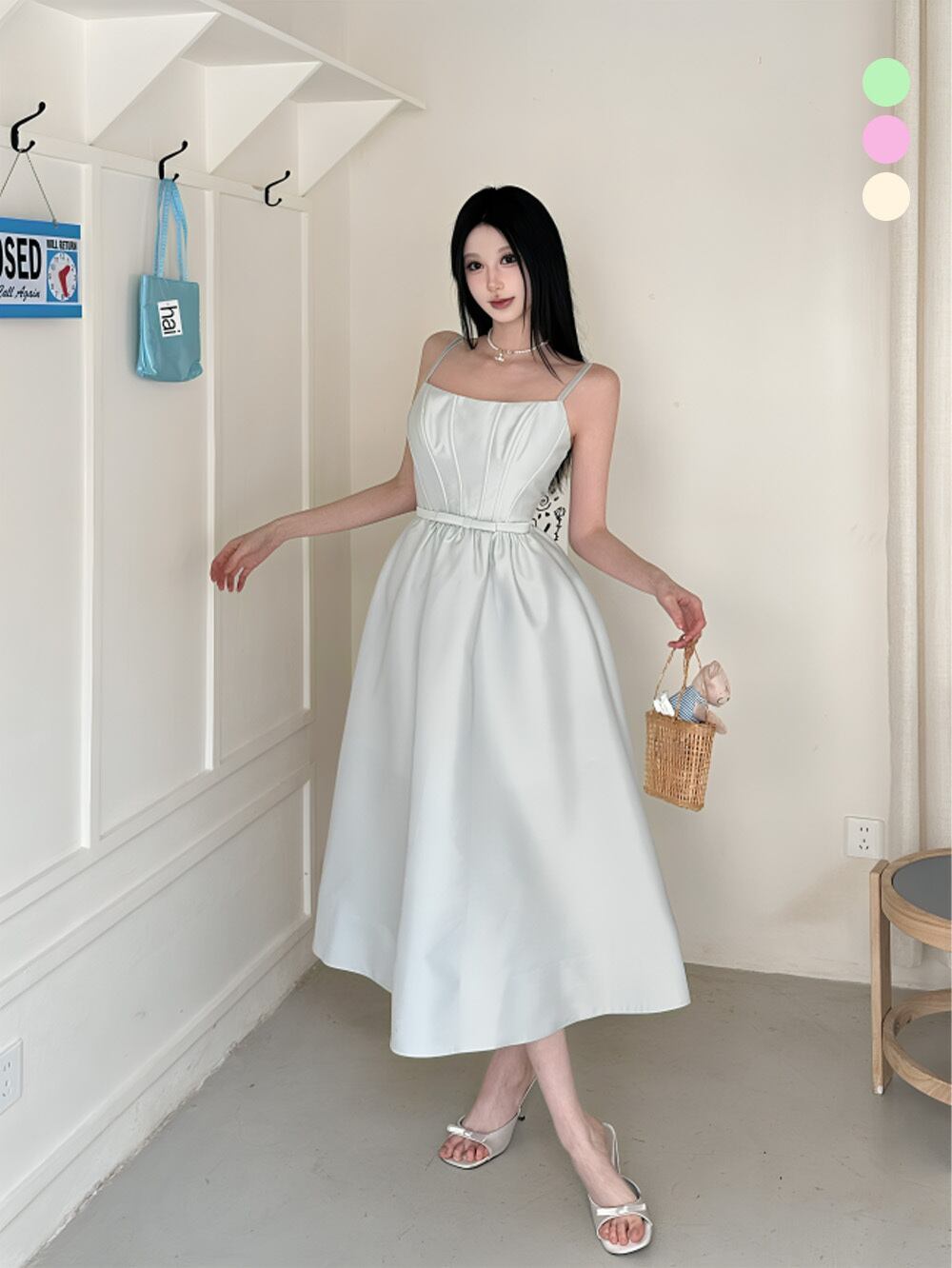 フレンチウエストベルテッドロングキャミソールワンピース