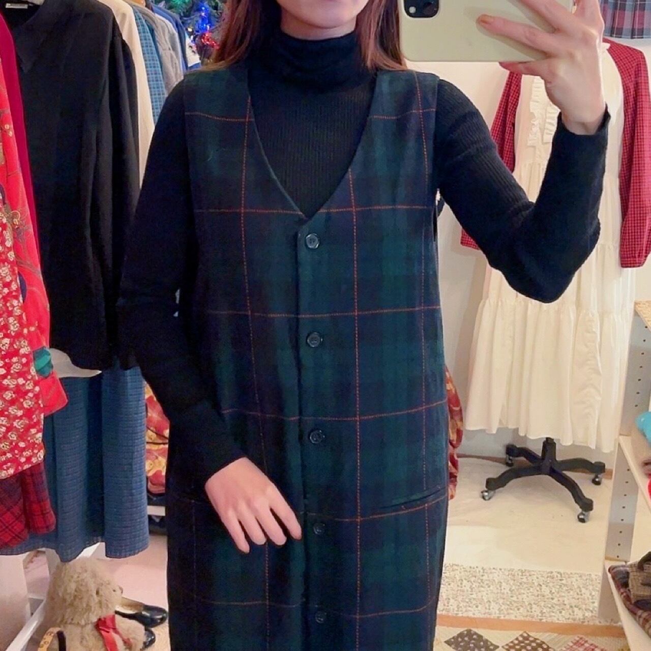 green chek front button jumper skirt