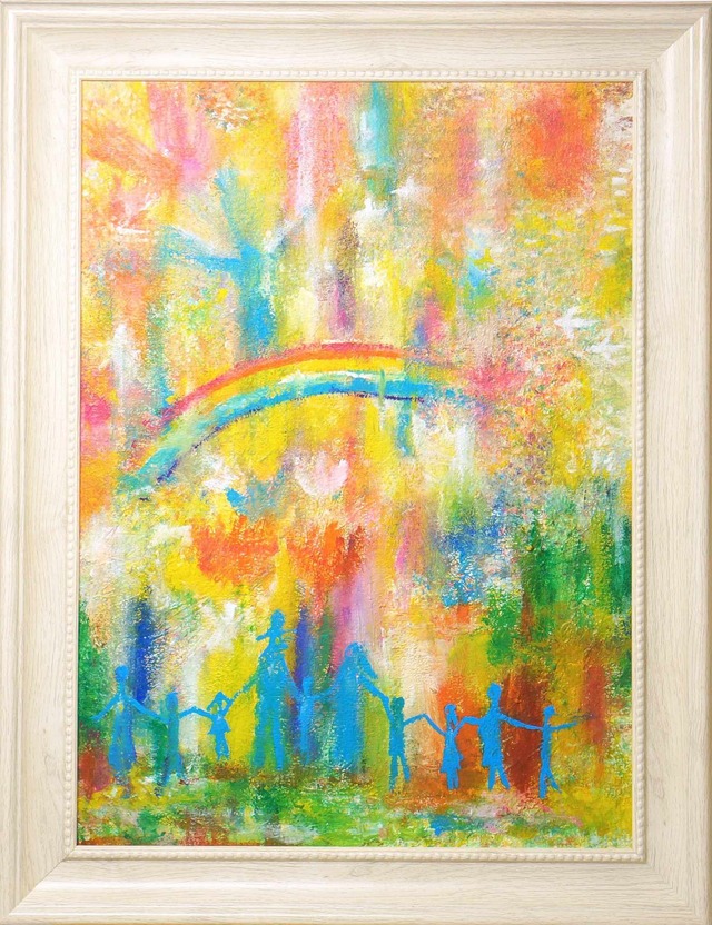 繋がり 絆 平和 愛 loveart Love&Peace rainbowart 手を繋ぐ 絵画 額 