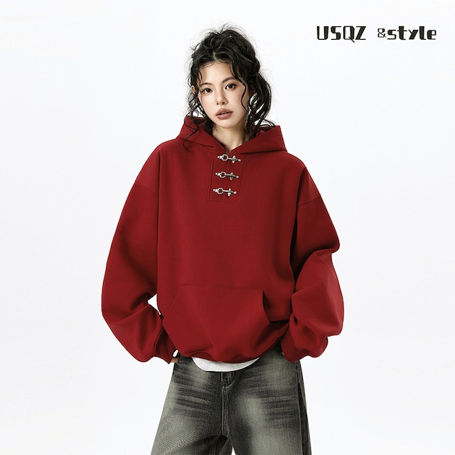 ♥メタルボタンが映える一枚!【USQZシリーズ】★パーカー★ 3color スウェット ユニセックス トップス 金属ボタン