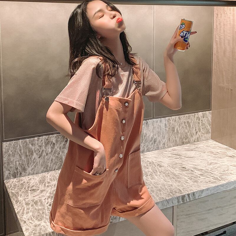 【新作】【送料無料】 妊婦夏服セット半袖コットンTシャツ+ストラップデニムジャンプスーツツインセットマタニティスーツ ショート ハーフスリーブ サマー 夏物 AL expec391416023024