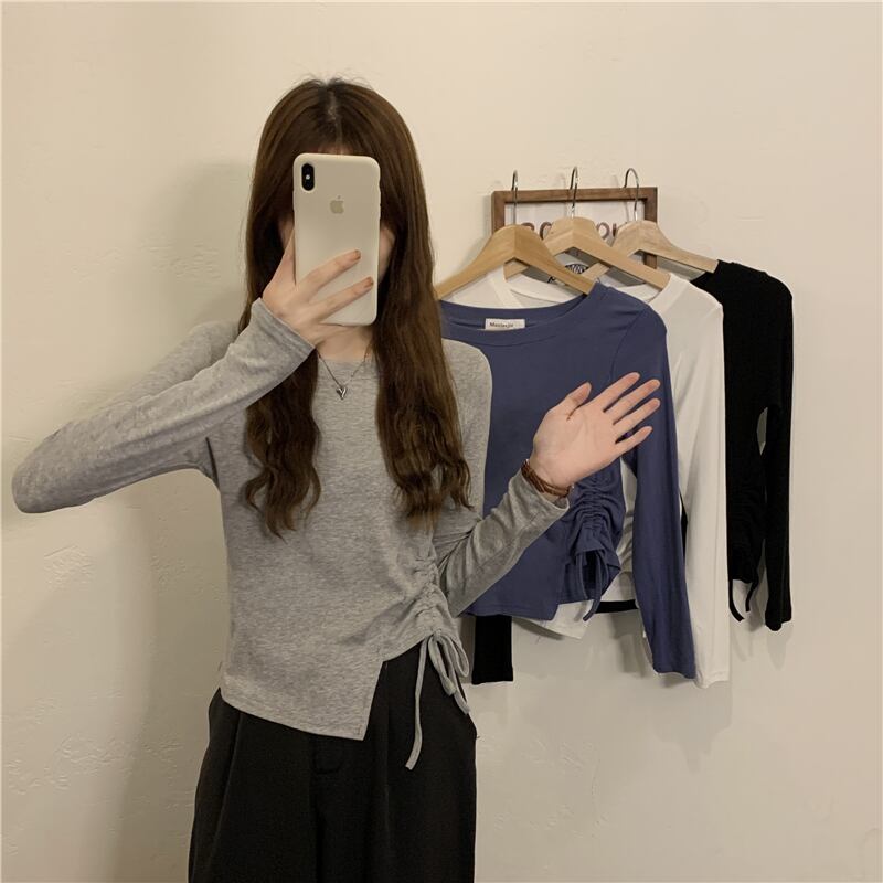 スタイルショートギャザースリムフィットTシャツ グレートップス レディース ロング オータム 秋物 ウィンター 冬物 YY-ファッション86433581685