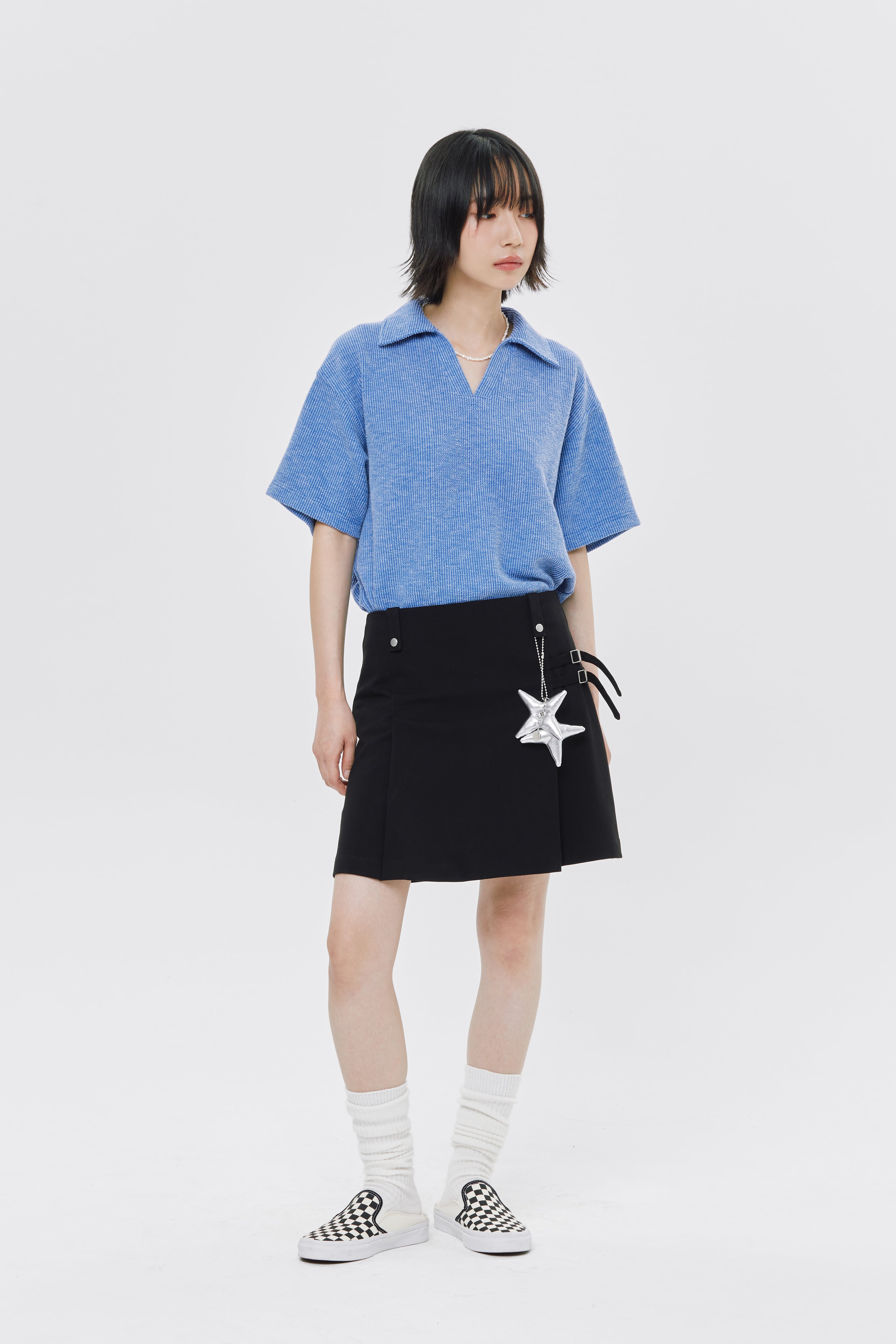 【ROMANTIC CROWN】24SU★ OPEN COLLAR POLO KNIT SHIRT OPEN COLLAR POLO KNIT SHIRT_BLUE | ROMANTIC CROWN