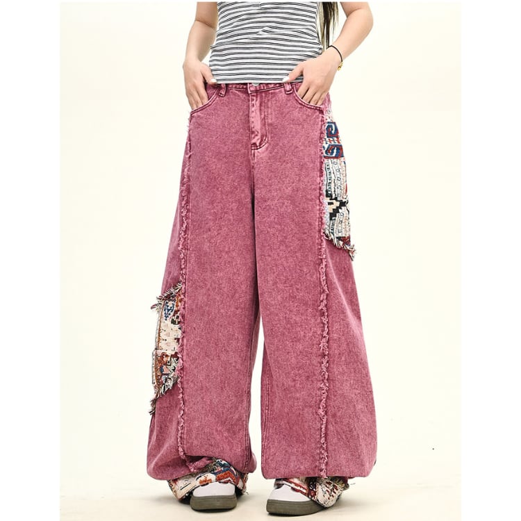 フリンジ付き ワイド デニムパンツ ◆2col L00057