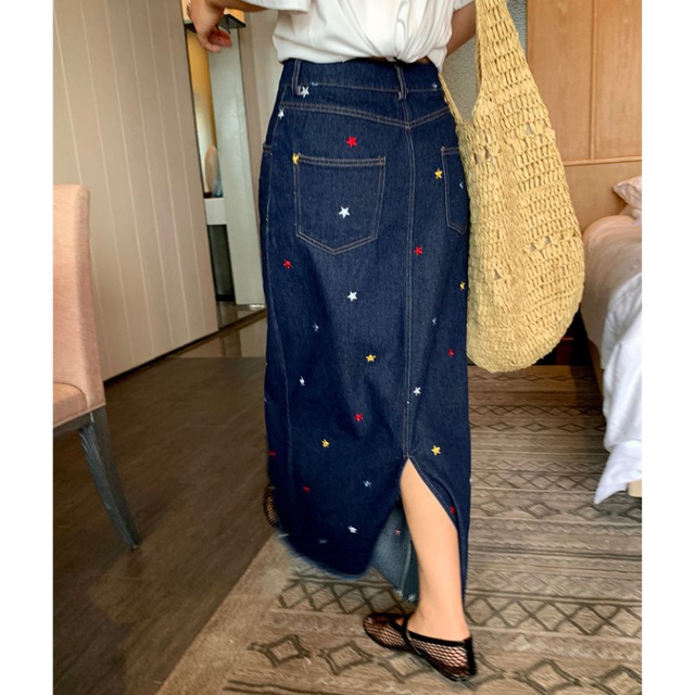 star embroidered denim long skirt J00174