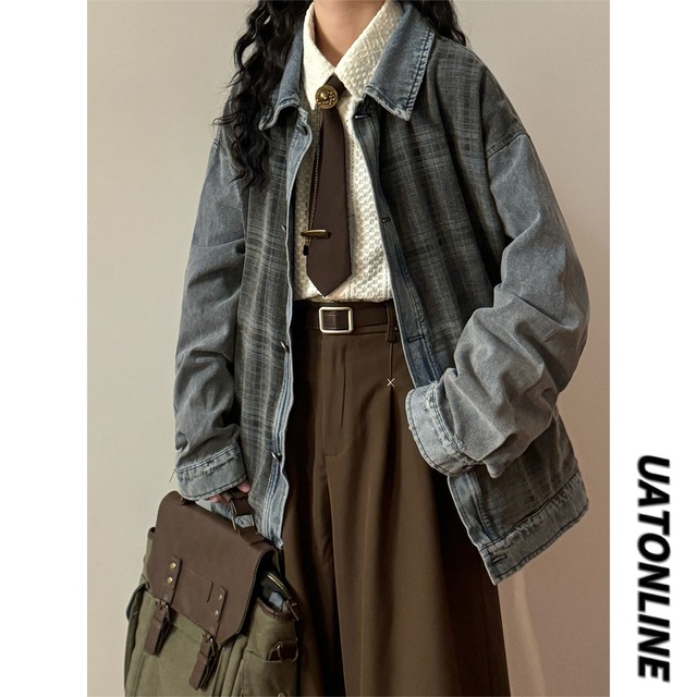 ♥チェックパッチデニムジャケット！【UATONLINEシリーズ】★ジャケット★ ユニセックス アウター チェック柄 デニムジャケット 切り替え