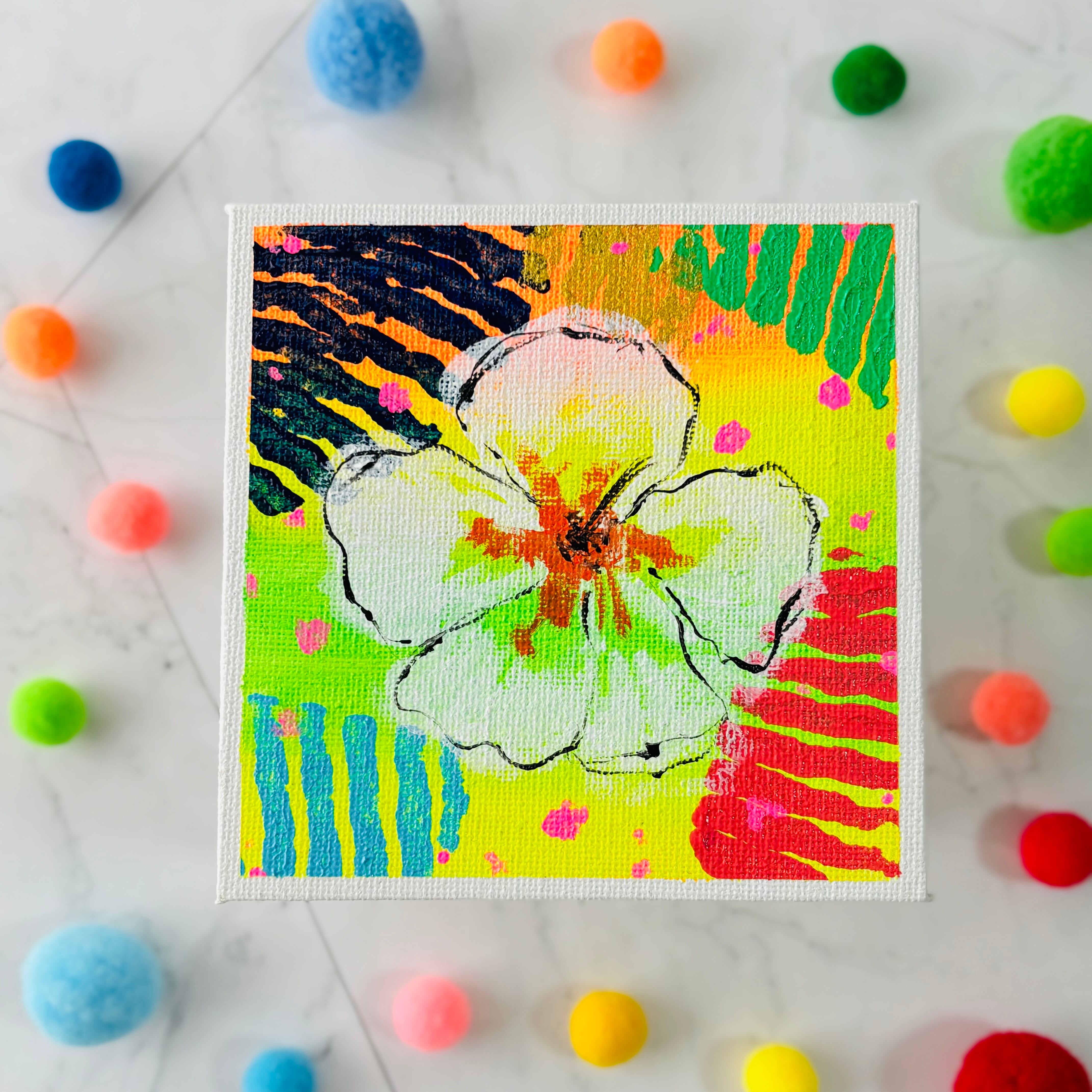 10cm】ハイビスカス キャンバスアート カラフル アクリル絵の具 ※運気