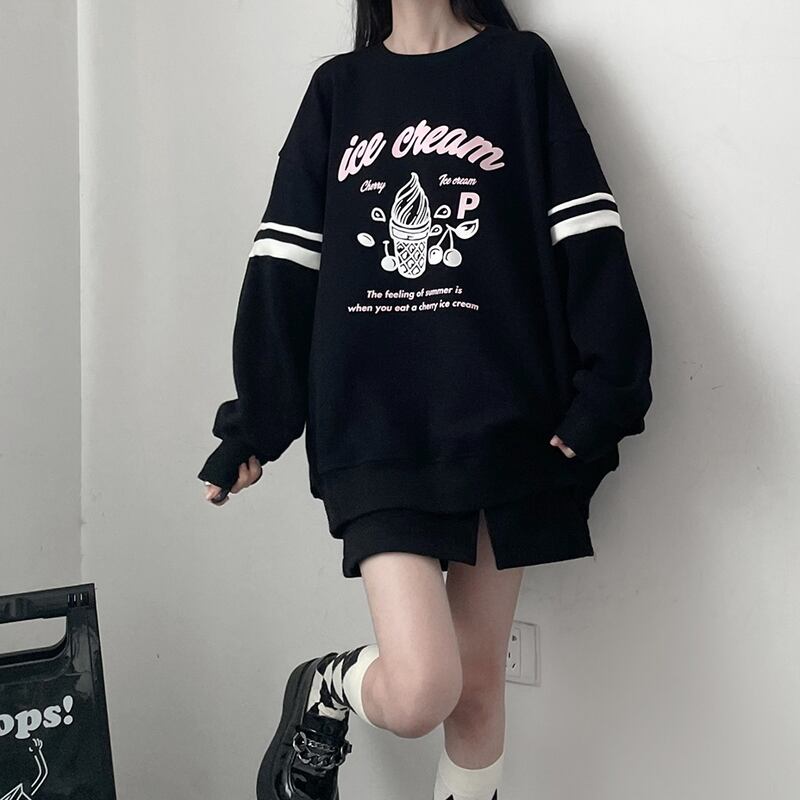 サブカル 服 地雷系 通販 pinksavior トレーナー 袖ボーダー プリント ice cream ロゴ 甘め カジュアル
