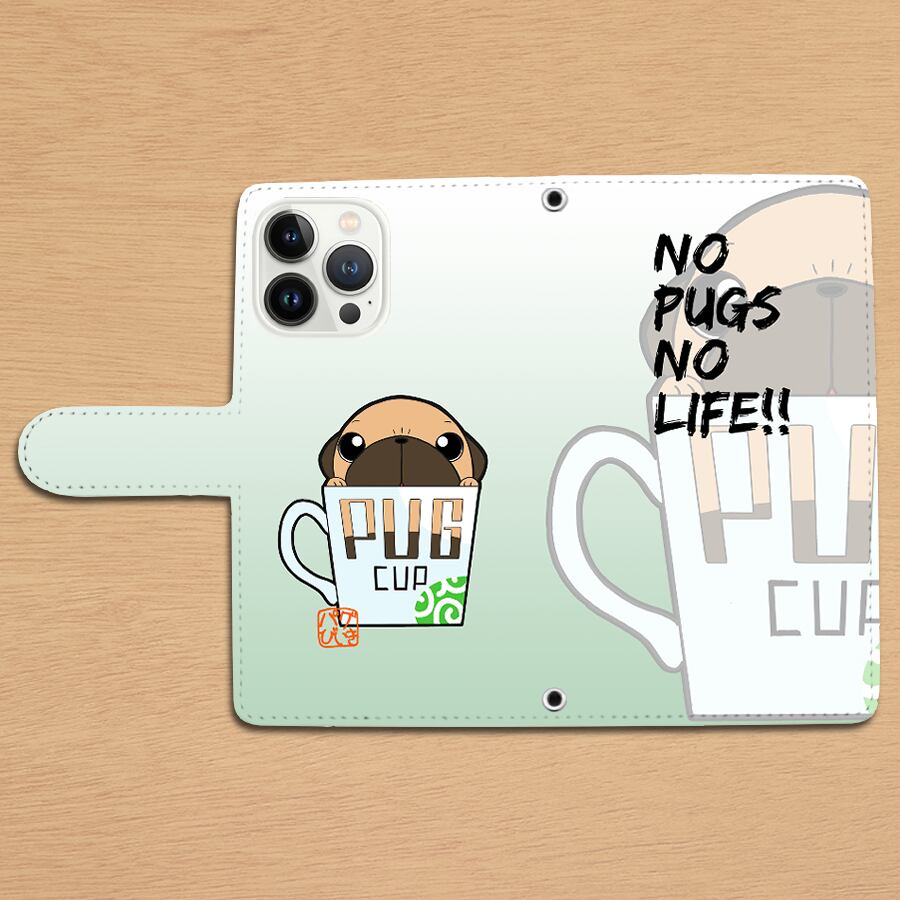 スタンド付き 両面印刷 手帳型 iphone/Androidケース パグカップ（フォーン）