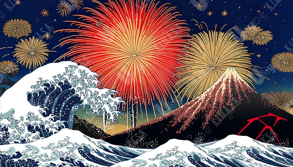 富嶽三十六景 神奈川沖浪裏と山下白雨と花火 | 浮世絵素材専門店 KIMASA