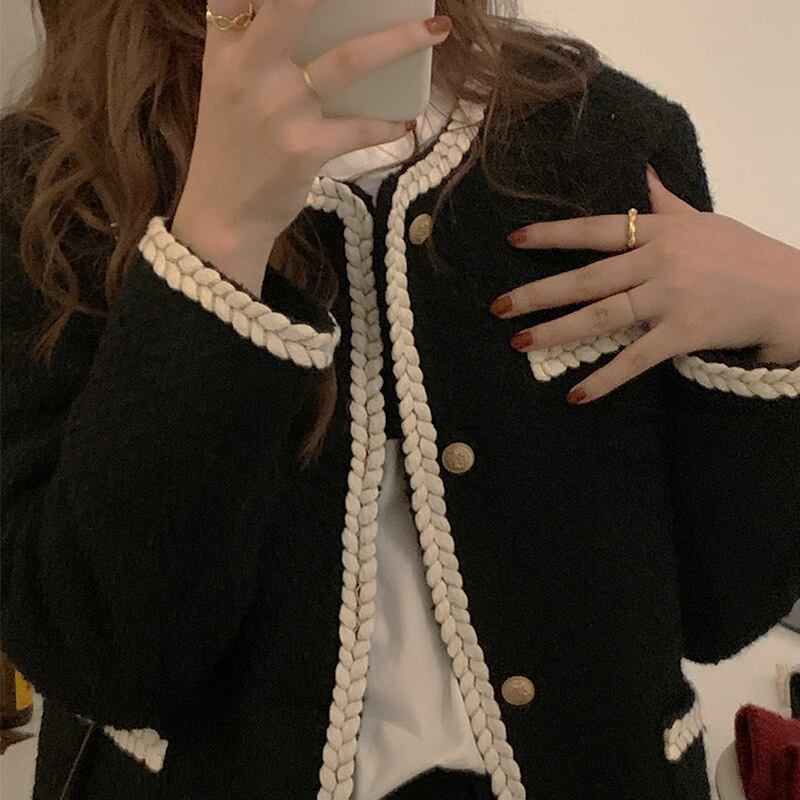 ノーカラー ツイード風 シャギー ジャケット アウター 袖あり 長袖 萌