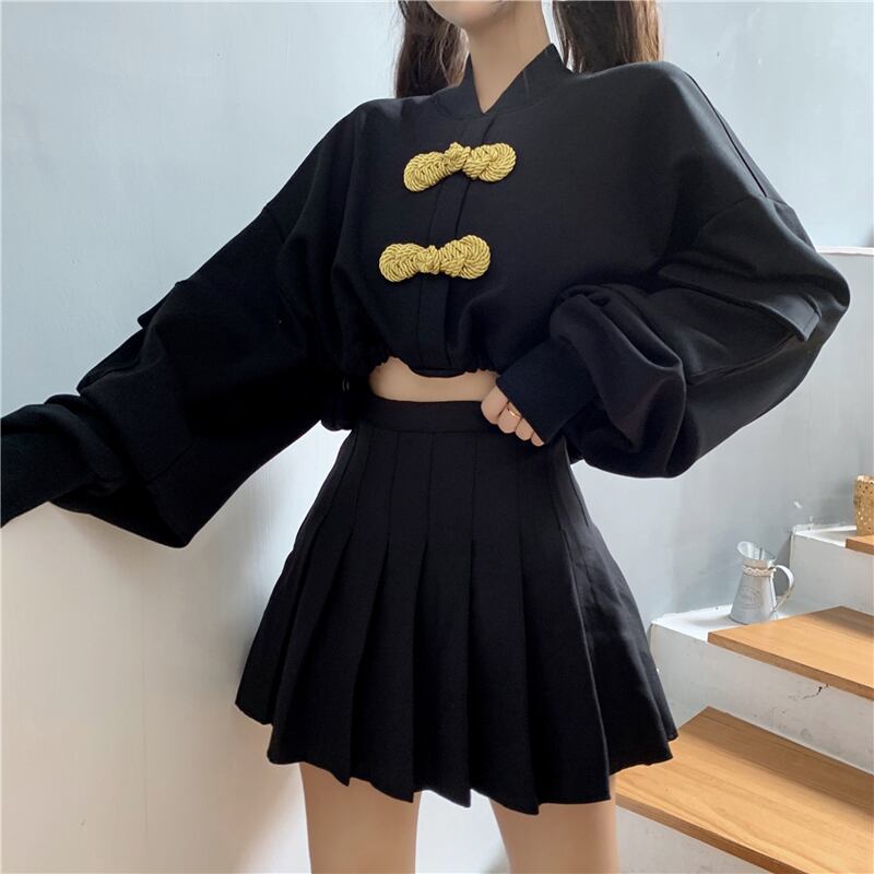 チャイナ風トップス シャツ パーカー 中華服 民族風 長袖 ショート丈 可愛い ブラック 黒い Elegant