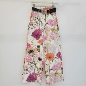 graphic floral print wide denim pants<p3071>