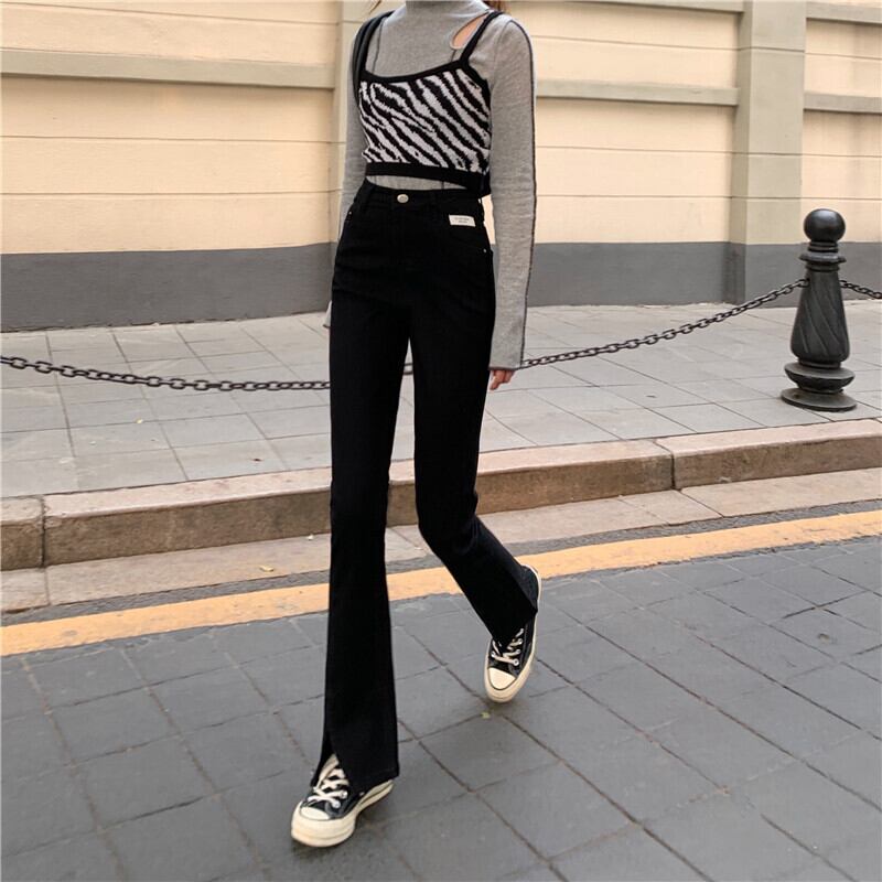 オータムブラックジーンズ ハイウェストウェストパンツ 秋物 クレセントシティ21864413191