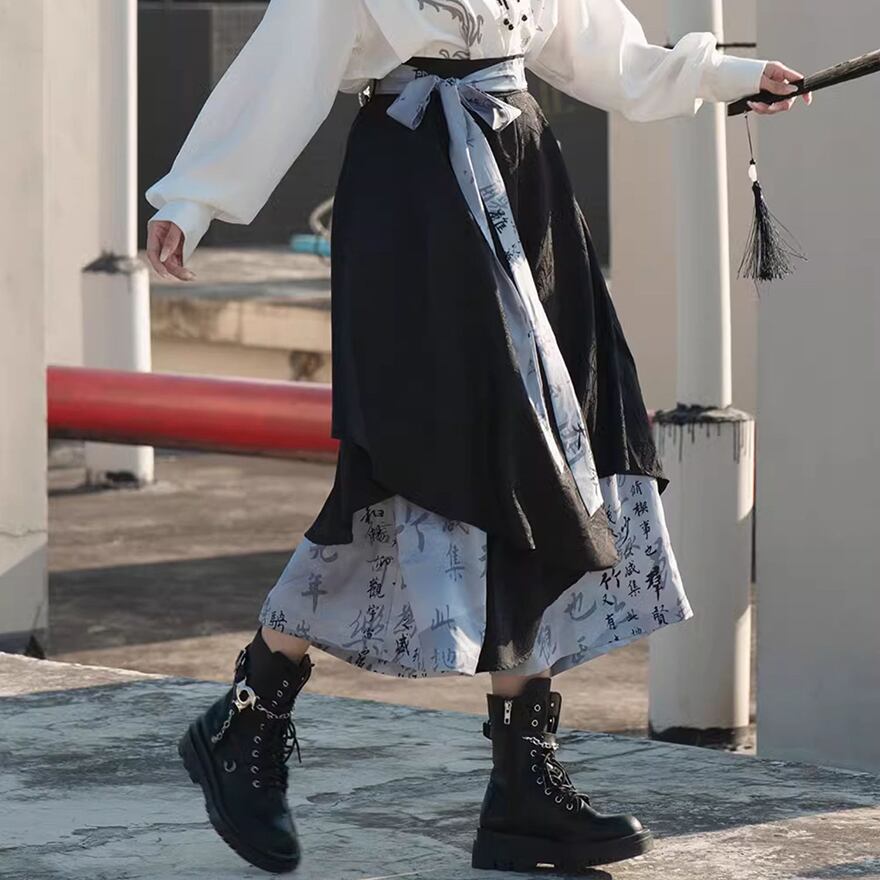 サブカル 服 地雷系 通販 チャイナ風 スカート ロング丈 フレア リボン レイヤード風 闇かわいい