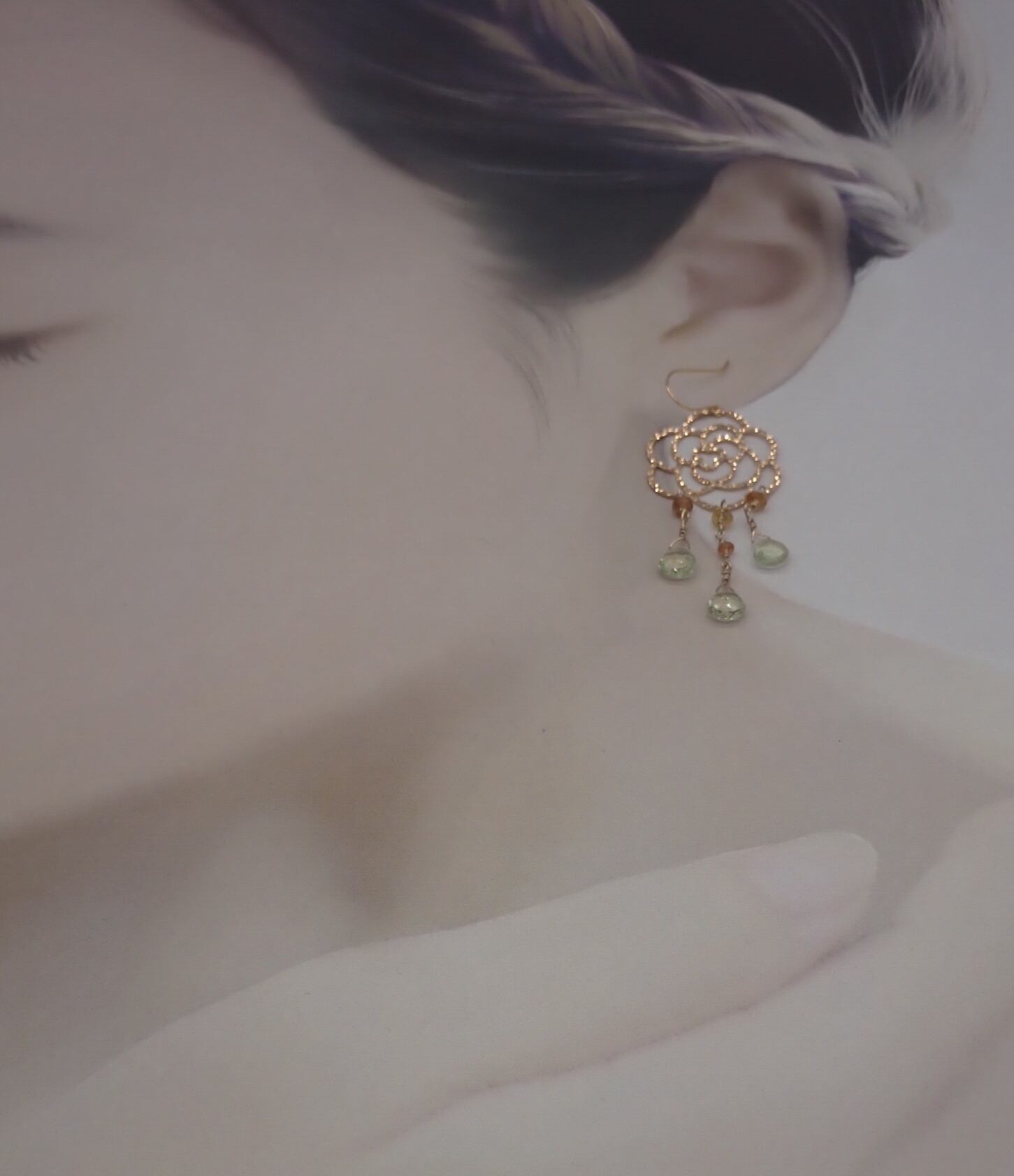 18金薔薇のシャンデリアピアスサファイア&レモンクォーツ