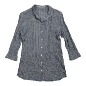 Mademoiselle NON NON マドモアゼルノンノン ギンガムチェック 縮れ生地 七分袖 ストレッチ シャツ 38 M /ネイビー系/パパス/日本製