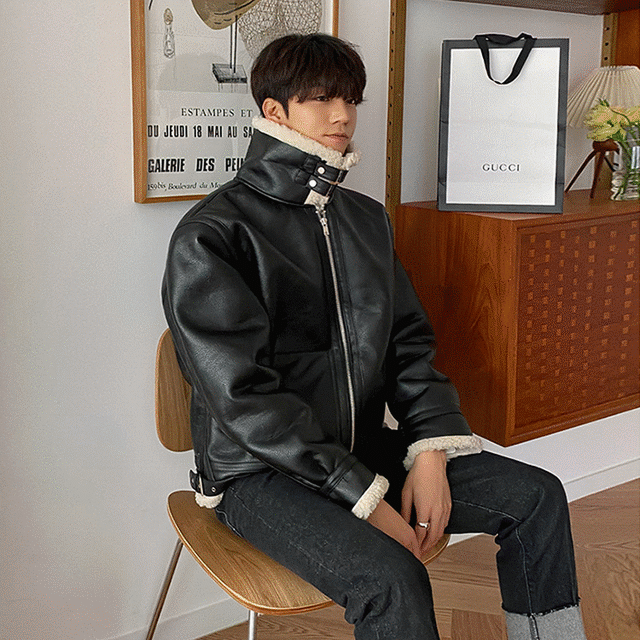 レザー ムートン ジャケット コート ボア素材 ハイネック メンズファッション 韓国