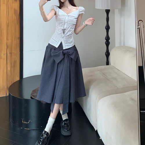 【2点セット】デザイントップス＋チェック柄スカート ・70584