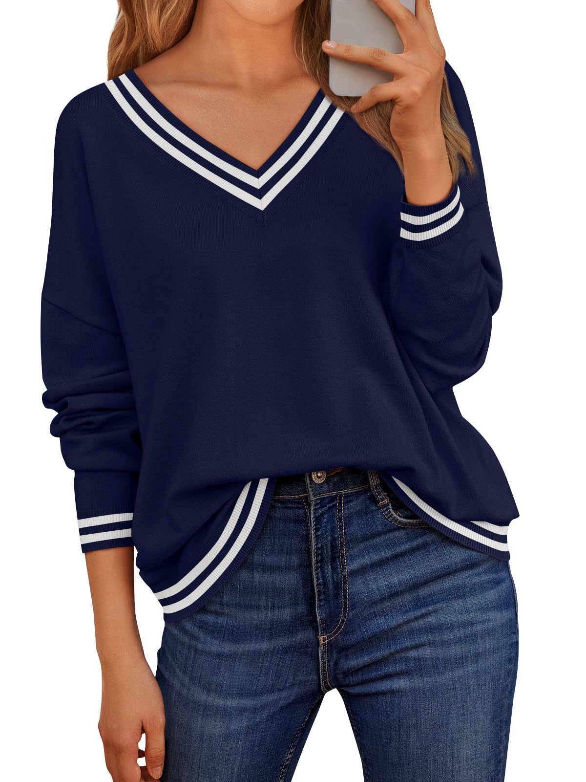 Lillusory Women v Neck SeatersExtizeSizeD Striped Pullover Drop Sholden ...