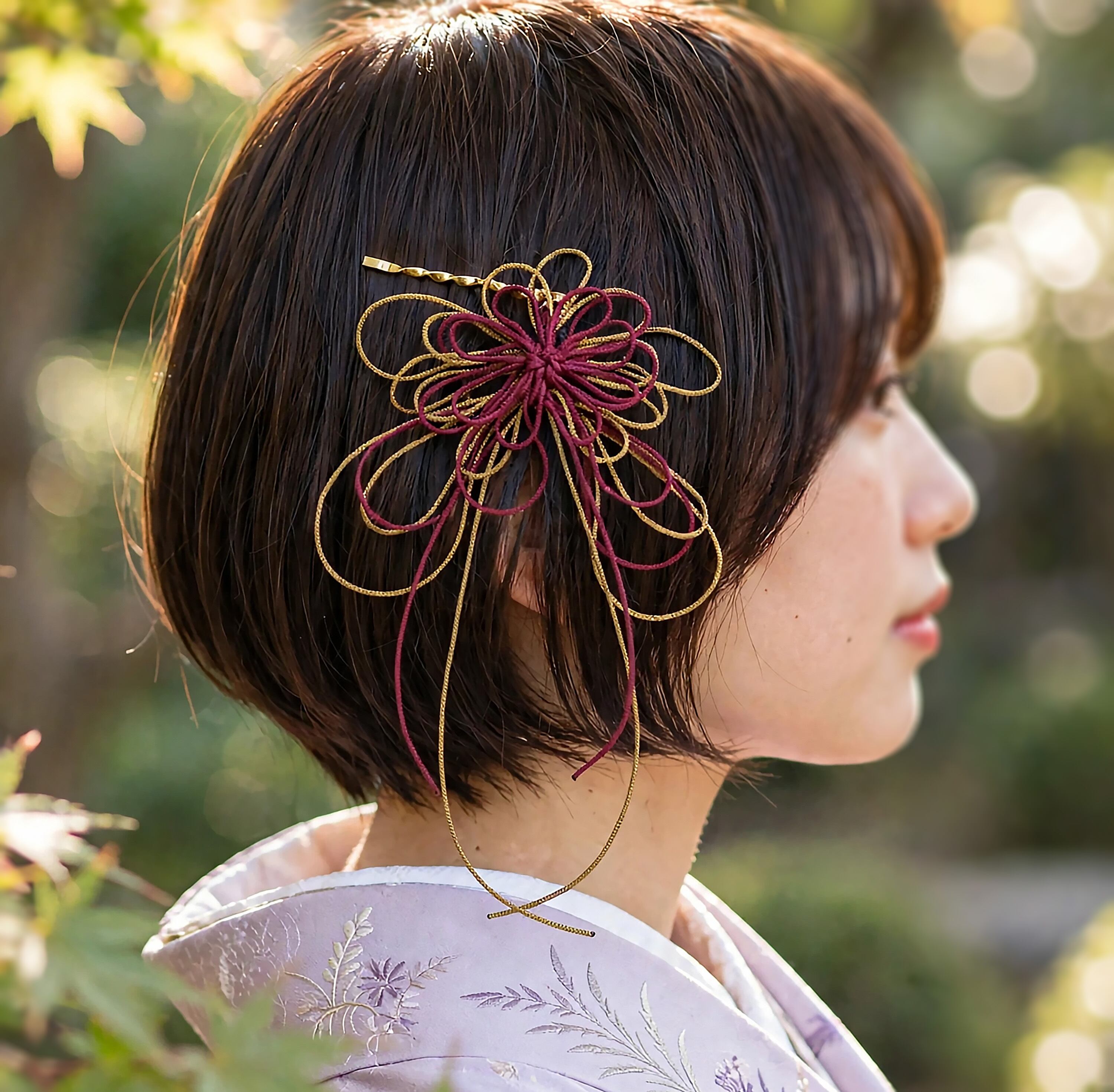 飾り結びヘアピン「闌け、たをや」(臙脂×カーキ)【軽量快適】ショートヘアも簡単和風アレンジ。