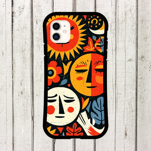 受注生産 iPhoneケース 二つの顔と花の民芸柄｜顔モチーフ FMSY067C