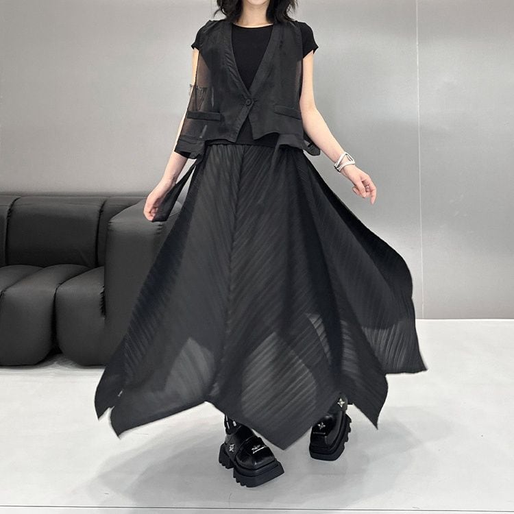 ASYMMETRIC PLEATED HIGH WAIST MIDI SKIRT M-17177