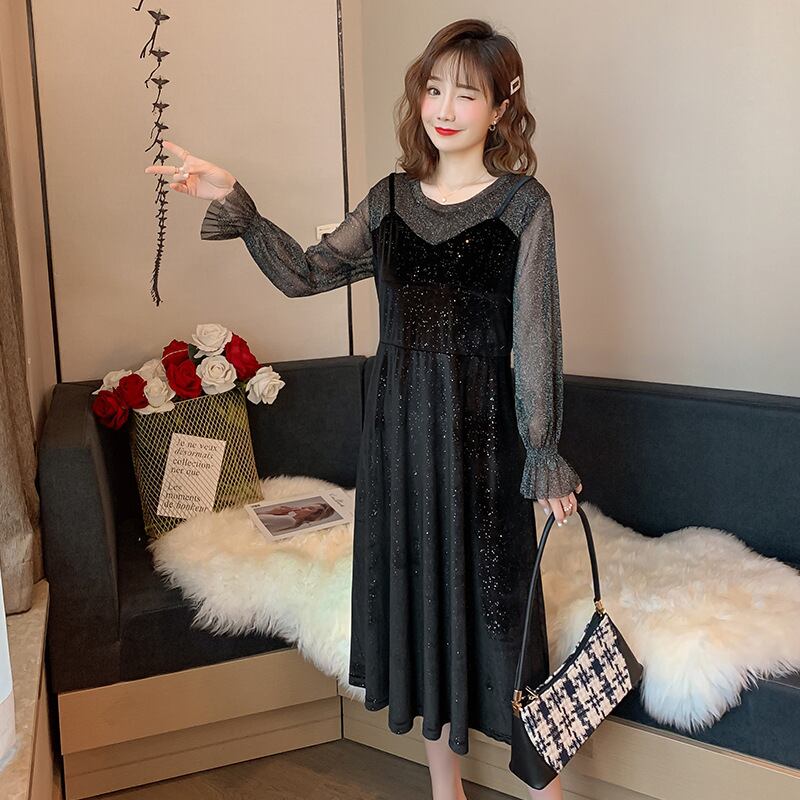 【新作】【送料無料】 マタニティウェア2020秋と冬の新しいゴールドベルベットステッチの偽のツーピース看護スカート、年齢を減らすミドル丈の看護スカート-アリババ オータム 秋物 ウィンター 冬物 expec216159256084