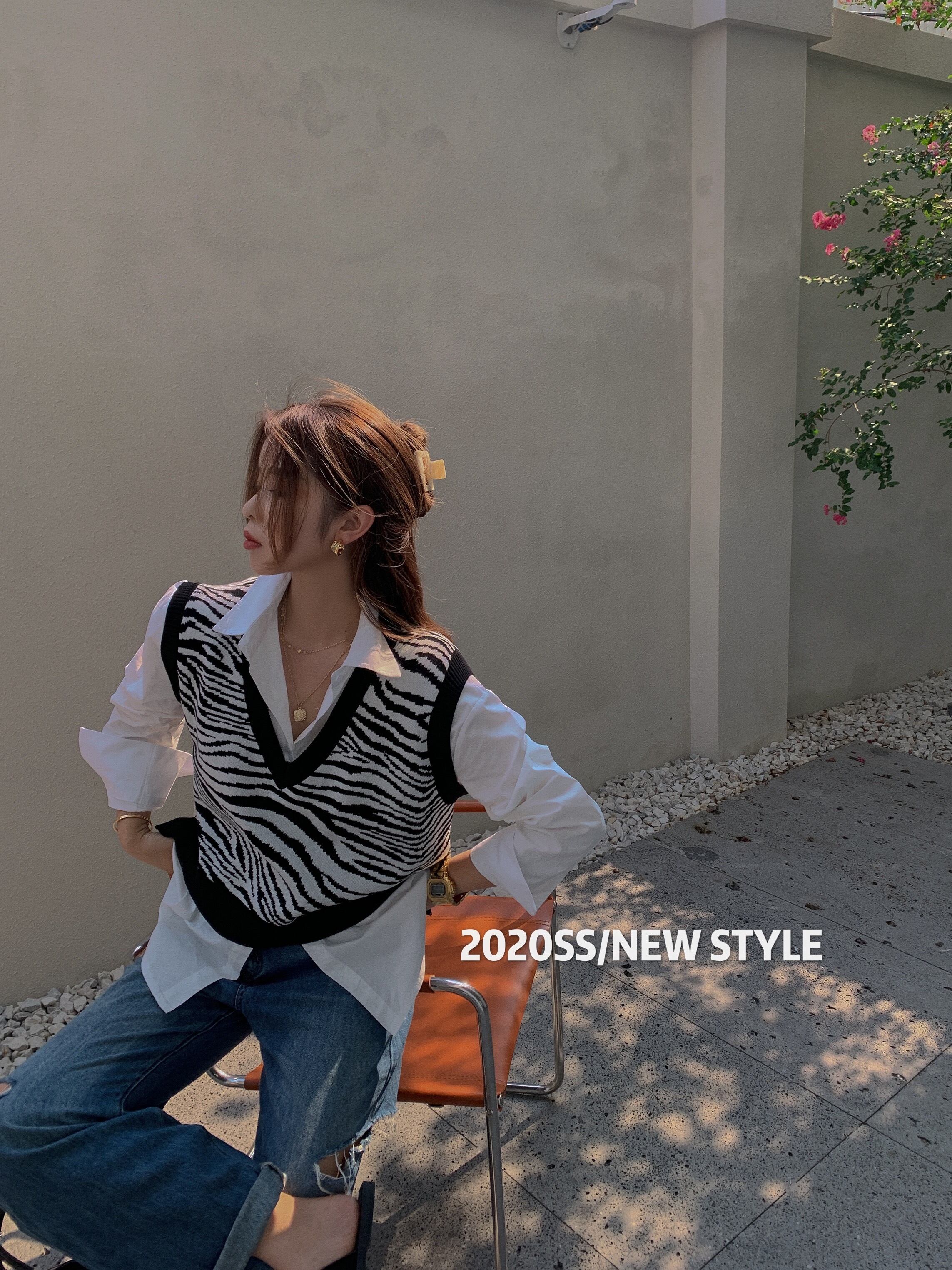 ゼブラパターンVネックルーズセーターベストジャケットレディース秋バージョン2020新しいアウターニットベストベスト ブラックストロベリース20657770812